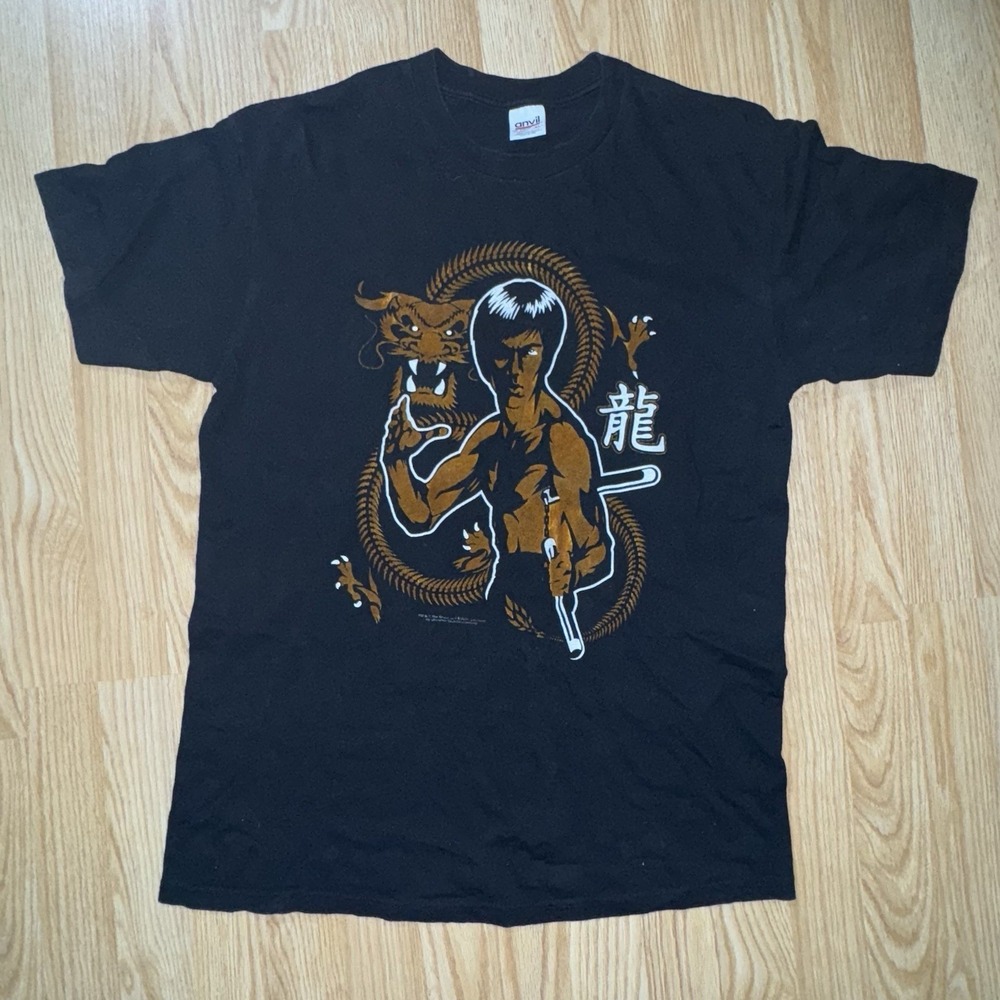 Vintage Black Flocked Graphic Bruce Lee Dragon Graphic T-Shirt Rare